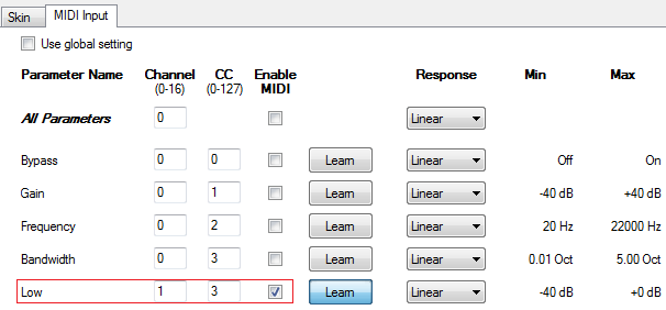 Step 11 - Enable MIDI input for the Low gain parameter and setup the same MIDI channel and number as the DPMP output (or use MIDI learn)